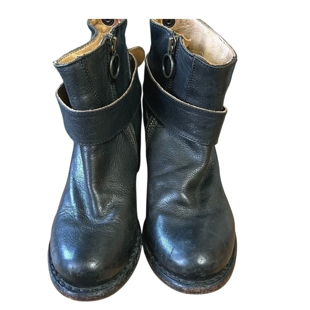 Fiorentini + Baker Black Leather Moto Ankle Boot Buckle Strap Block Heel Italy 6